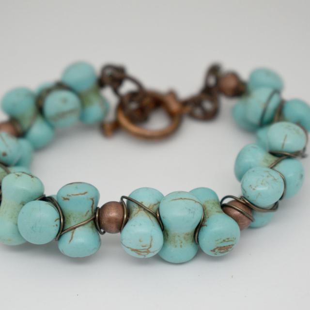 turquoise dog bone beaded wire wrapped copper bracelet.jpg